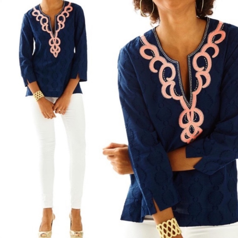 Lilly Pulitzer Blue Amelia Island Tunic with Pink Embroidery